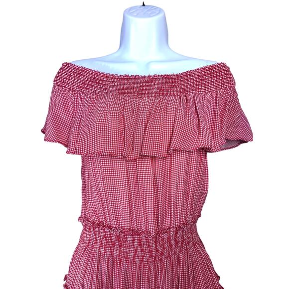Willow & Clay Red Checked Smocked Off Shoulder‎ Mini Dress Women's Medium Preppy - Picture 2 of 10